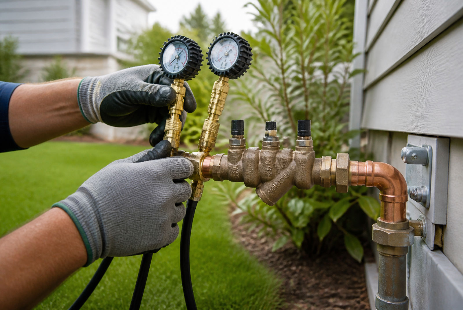 Copper backflow preventer with a technician's test gauges attached